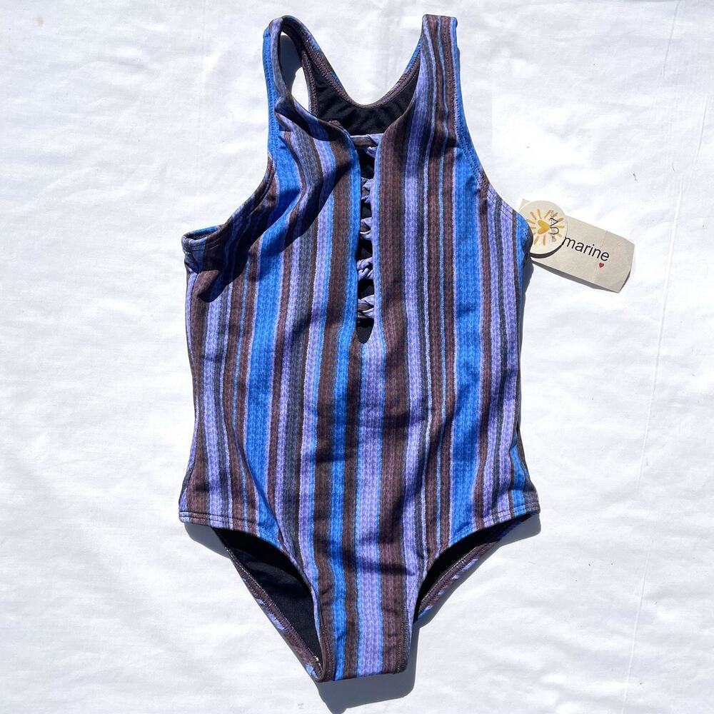 Submarine Designer One Piece Swimsuit Little Girls 4 Retro Stitch Blue Stripe